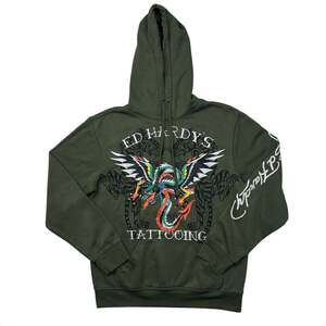 Ed Hardy Hoodie Mens Small Olive Green Tattoo Dragon Graphic Pullover Y2K S